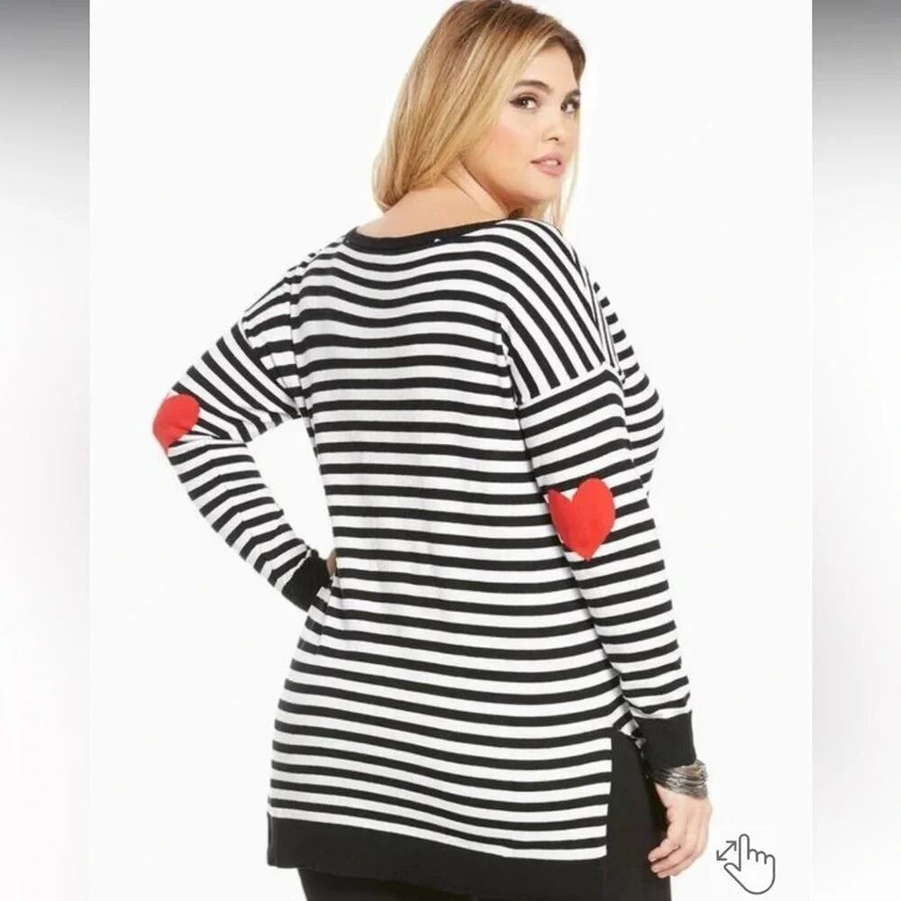 Torrid black & white Striped Sweater red heart elbow patches valentine plus size